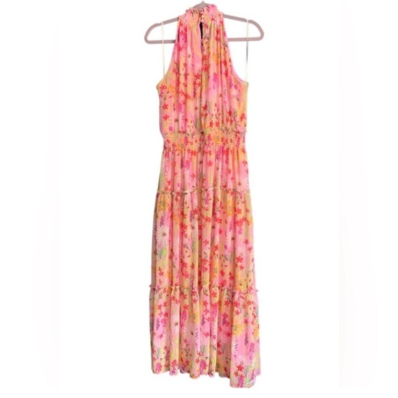 Taylor Floral Pink Halter Mock Neck Sleeveless Elastic Waist Maxi Dress - Picture 8 of 10
